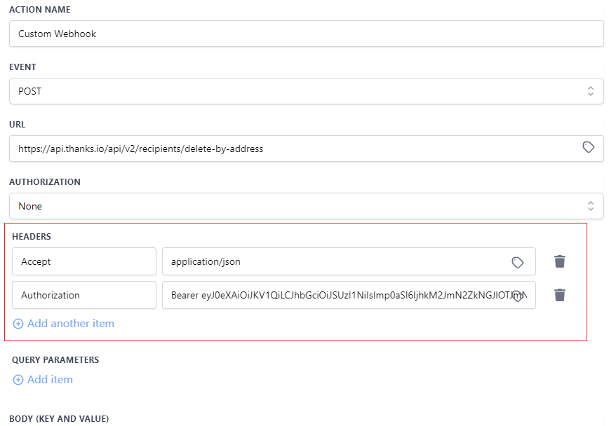 Authorization headers example in a UI-based tool