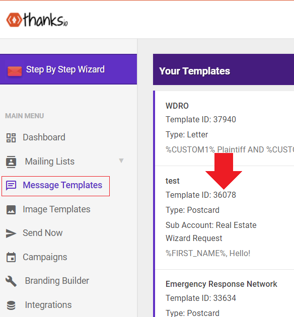 Message template IDs listed on the right side