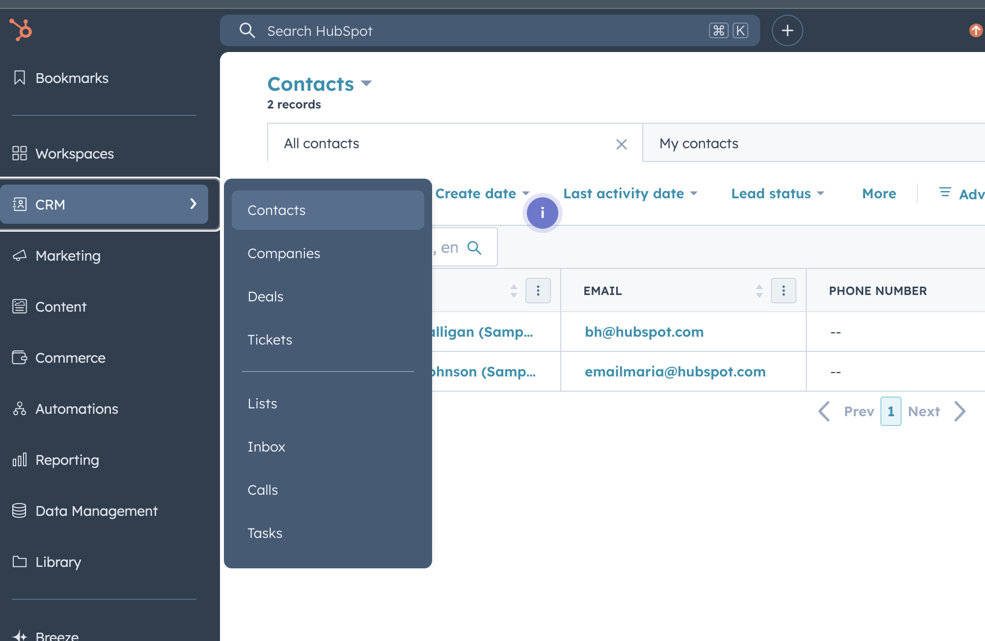 HubSpot contacts list
