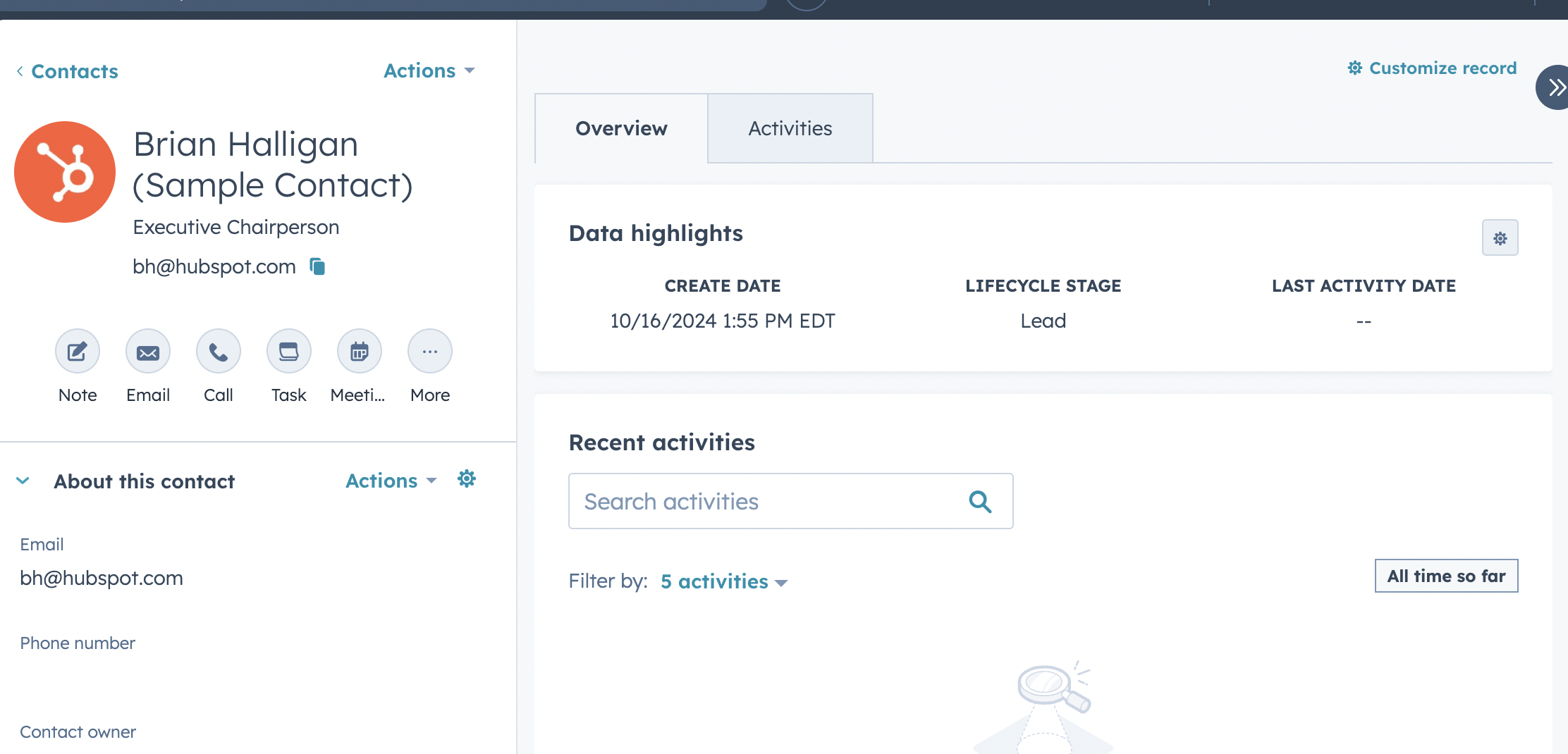 Contact record with Customize record option