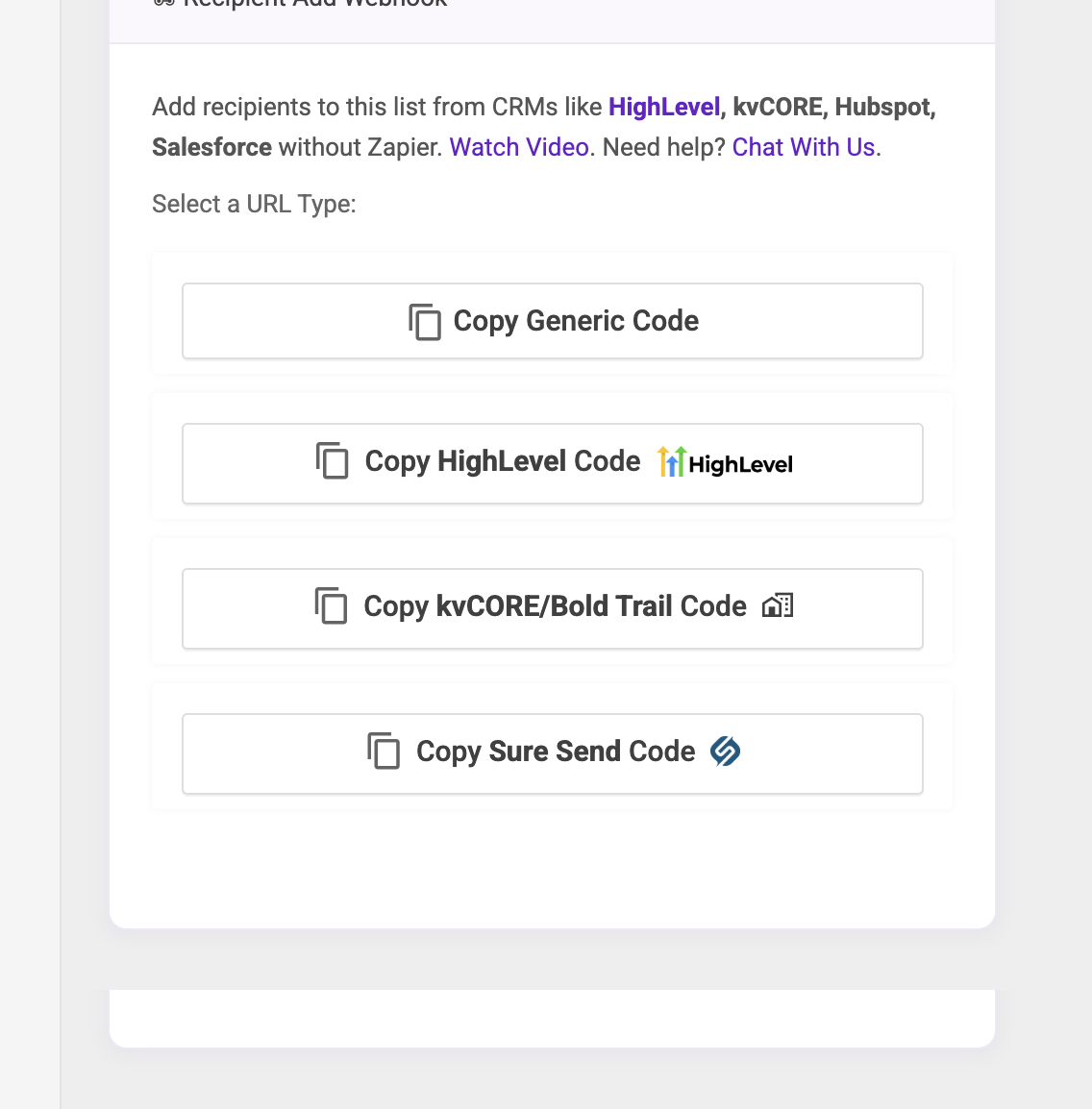 The Recipient Add Webhook box showing the webhook URL and copy buttons for Generic, HighLevel, kvCORE/Bold Trail, and Sure Send