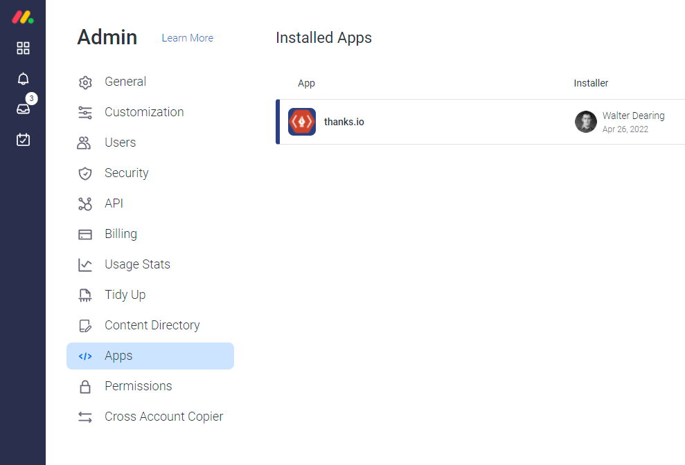 thanks.io visible on Monday.com apps page