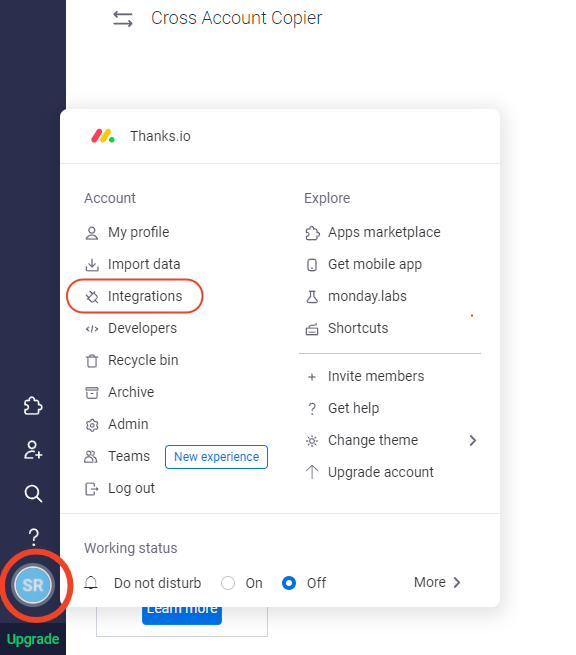 Open main menu and select Integrations