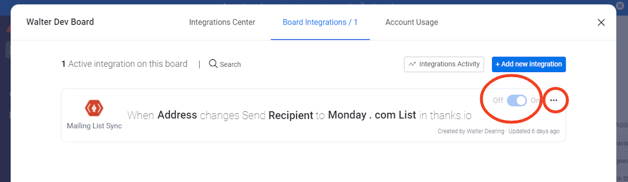 Integration toggle showing on/off state
