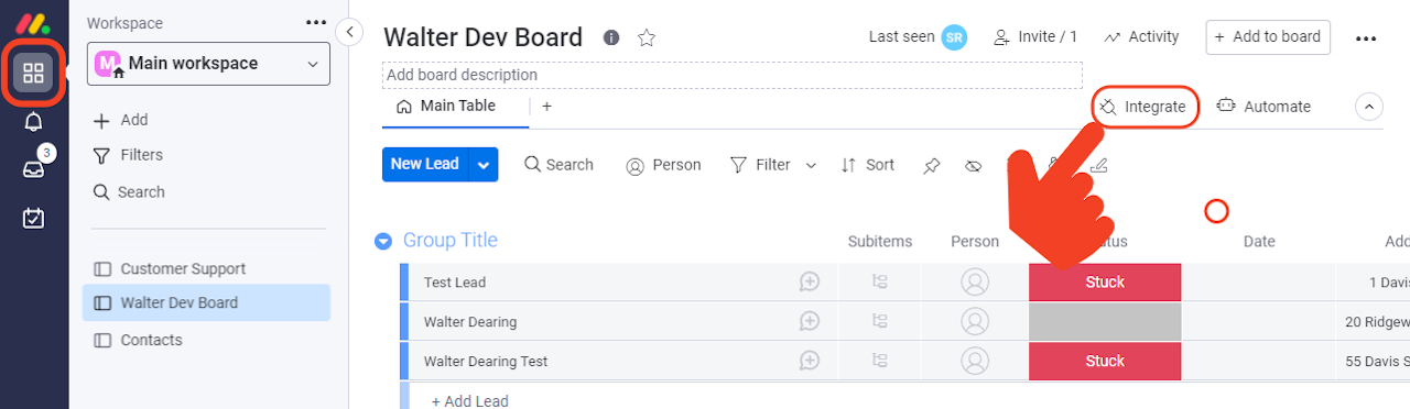 Click Integrations in the upper right of a Monday.com board