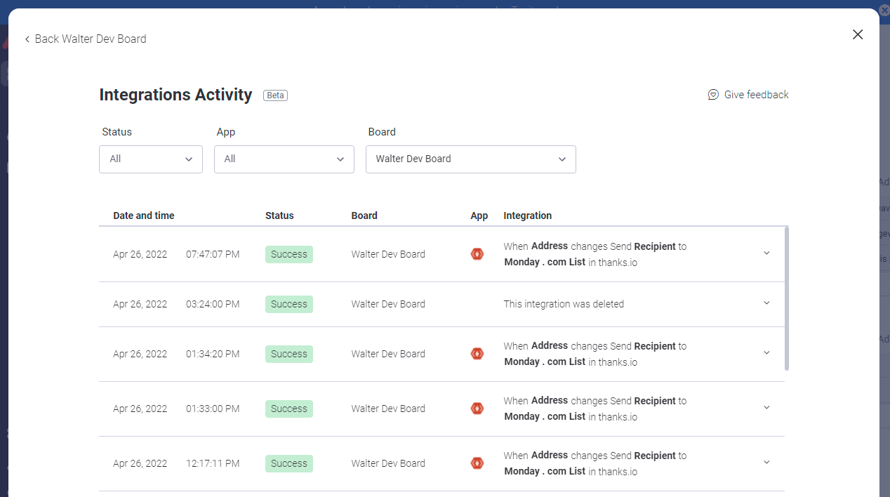 Integrations activity log showing sync history