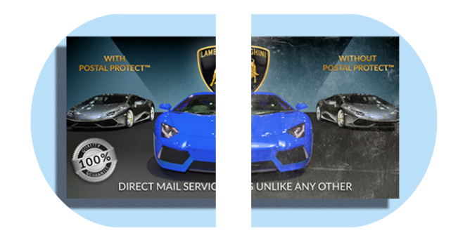 Postal Protect example showing a treated card alongside an untreated card after USPS sorting