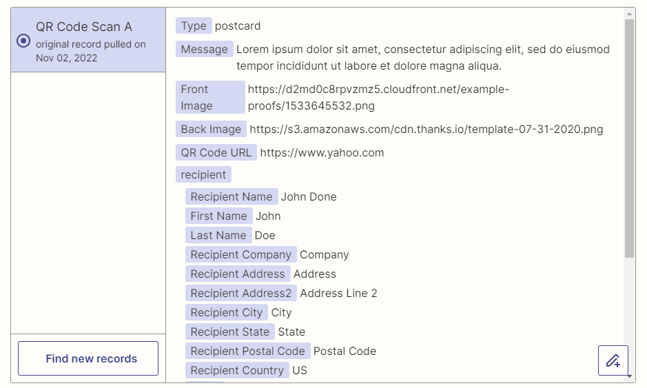 QR scan data fields available in Zapier