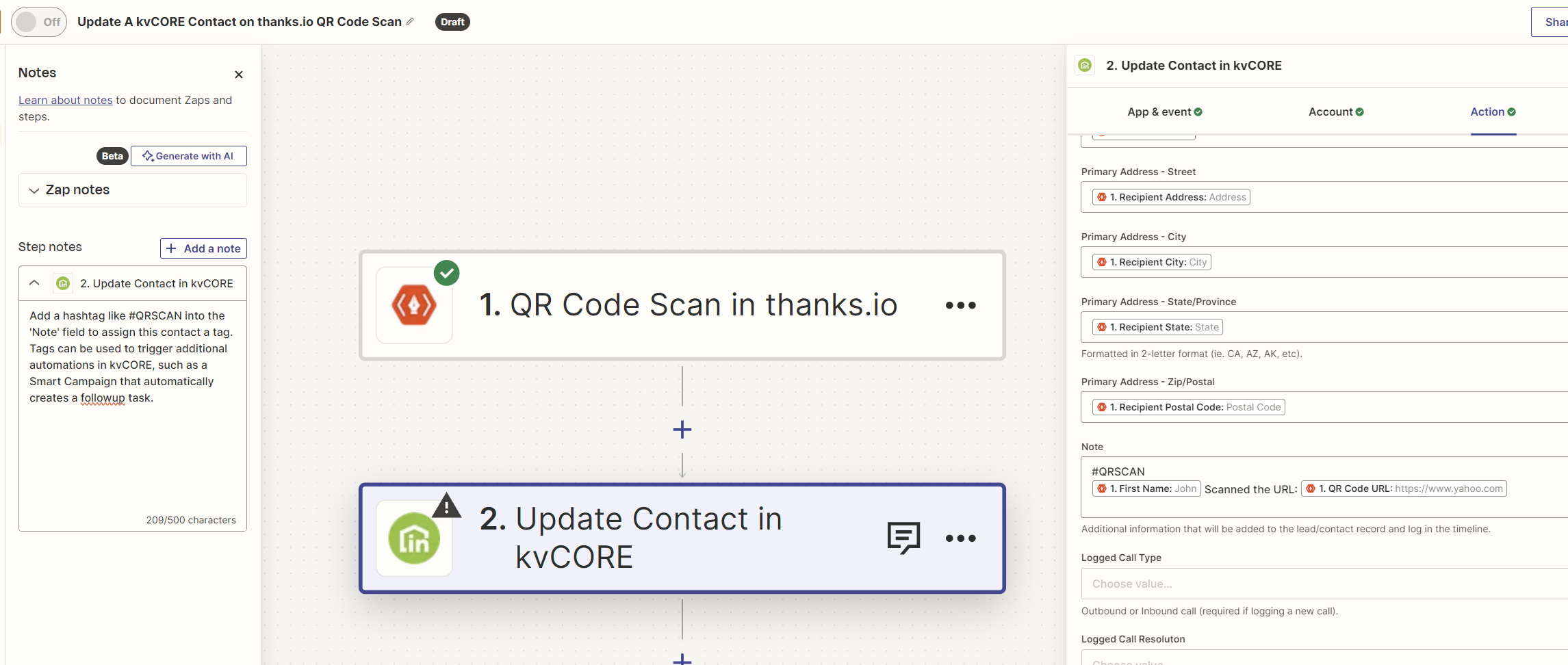 Example Zap creating a follow-up task on QR scan